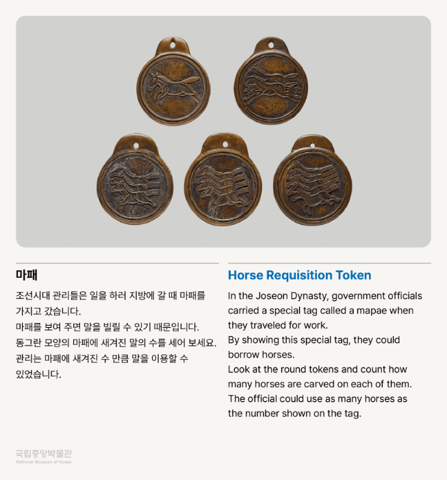 마패 조선시대 관리들은 일을 하러 지방에 갈 때 마패를 가지고 갔습니다. 마패를 보여 주면 말을 빌릴 수 있기 때문입니다. 동그란 모양의 마패에 새겨진 말의 수를 세어 보세요. 관리는 마패에 새겨진 수 만큼 말을 이용할 수 있었습니다.