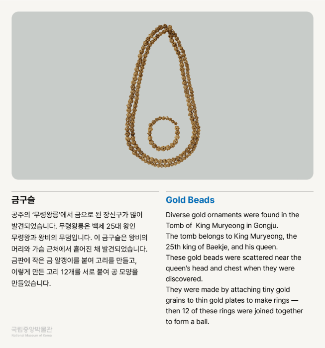 금구슬 공주의 ‘무령왕릉’에서 금으로 된 장신구가 많이 발견되었습니다. 무령왕릉은 백제 25대 왕인 무령왕과 왕비의 무덤입니다. 이 금구슬은 왕비의 머리와 가슴 근처에서 흩어진 채 발견되었습니다. 금판에 작은 금 알갱이를 붙여 고리를 만들고, 이렇게 만든 고리 12개를 서로 붙여 공 모양을 만들었습니다.