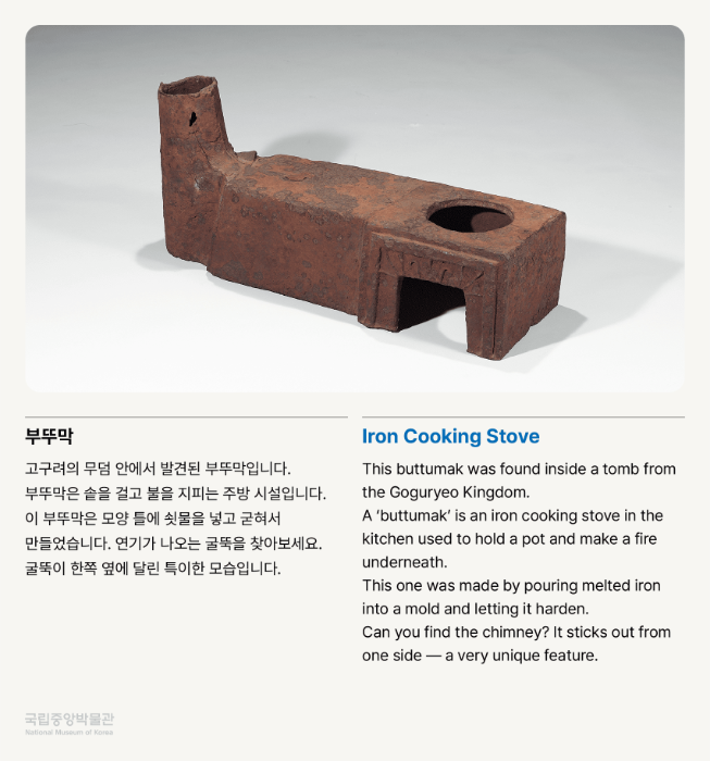 부뚜막 고구려의 무덤 안에서 발견된 부뚜막입니다. 부뚜막은 솥을 걸고 불을 지피는 주방 시설입니다. 이 부뚜막은 모양 틀에 쇳물을 넣고 굳혀서 만들었습니다.