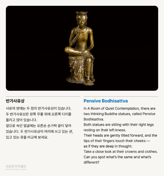 반가사유상 사유의 방에는 두 점의 반가사유상이 있습니다. 두 반가사유상은 왼쪽 무릎 위에 오른쪽 다리를 올리고 앉아 있습니다. 앞으로 숙인 얼굴에는 오른손 손가락 끝이 닿아 있습니다. 두 반가사유상이 머리에 쓰고 있는 관, 입고 있는 옷을 비교해 보세요.