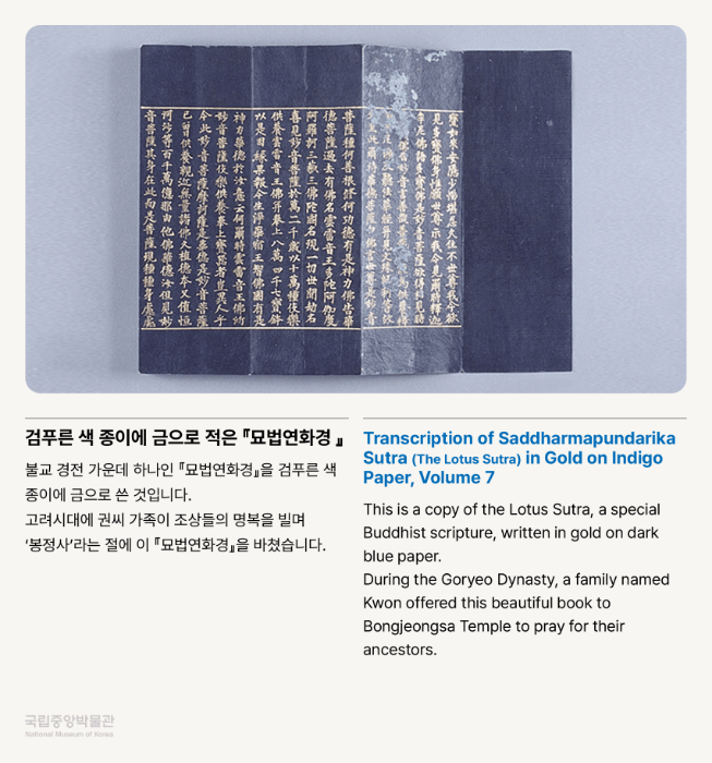 검푸른 색 종이에 금으로 적은 『묘법연화경 』 불교 경전 가운데 하나인 『묘법연화경』을 검푸른 색 종이에 금으로 쓴 것입니다.  고려시대에 권씨 가족이 조상들의 명복을 빌며 ‘봉정사’라는 절에 이 『묘법연화경』을 바쳤습니다.