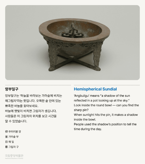 휴대용 앙부일구 앙부일구는 ‘하늘을 바라보는 가마솥에 비치는 해그림자’라는 뜻입니다. 오목한 부분에 달린 뾰족한 바늘에 햇빛이 비치면 그림자가 생깁니다. 사람들은 이 그림자의 위치를 보고 시간을 알 수 있었습니다. 이 해시계는 가지고 다니며 볼 수 있도록 작게 만든 것입니다. 仰 우러러볼 앙 釜 가마솥 부 日 해 일 晷 그림자 구