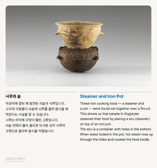 시루와 솥 아궁이에 걸린 채 발견된 쇠솥과 시루입니다. 고구려 사람들이 쇠솥에 시루를 올려 음식을 쪄 먹었다는 사실을 알 수 있습니다. 시루는 바닥에 구멍이 뚫린 그릇입니다.