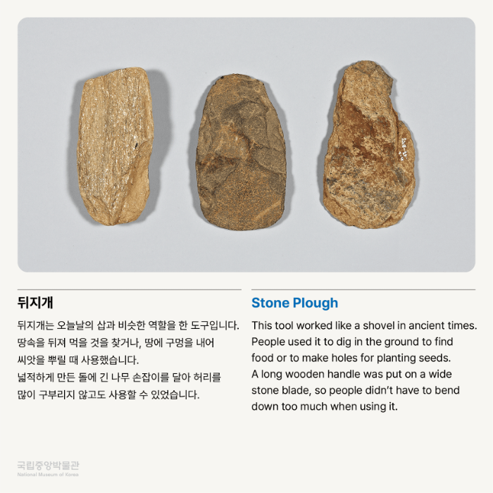 뒤지개 뒤지개는 오늘날의 삽과 비슷한 역할을 한 도구입니다. 땅속을 뒤져 먹을 것을 찾거나, 땅에 구멍을 내어 씨앗을 뿌릴 때 사용했습니다. 넓적하게 만든 돌에 긴 나무 손잡이를 달아 허리를 많이 구부리지 않고도 사용할 수 있었습니다.